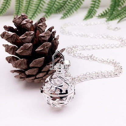 Brass Bead Cage Pendants, with Random Style Snap on Bails, for Chime Ball Pendant Necklaces Making, Hollow Round Charm