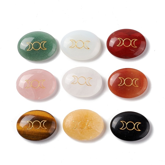 Natural & Synthetic Gemstone Healing Massage Palm Stones, Pocket Worry Stone, for Anxiety Stress Relief Therapy, Oval with Triple Moon