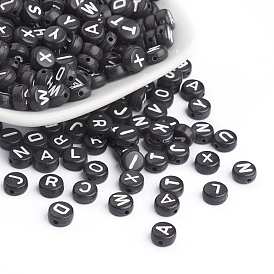 Perles de lettre de trou horizontal acrylique, mélange de lettres de A à Z, modèle double face, plat rond