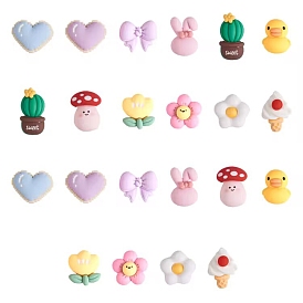 22Pcs 11 Styles Opaque Cute Resin Cabochons, Heart & Rabbit & Ice Cream & Flower & Duck & Mushroom