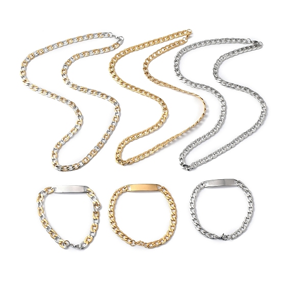 201 collar de cadena curva de acero inoxidable y pulsera de eslabones rectangulares, conjunto de joyas para hombres mujeres