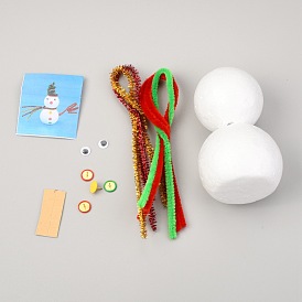 Bricolage de bonhomme de neige de noël, y compris l'image, bâtons de chenille, oeil artisanal, épingle de bouton de fer, bâton de papier, modèle en mousse