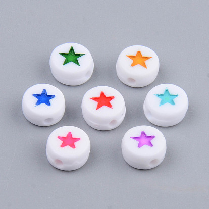 Opaque Acrylic Enamel Beads, Flat Round with Star