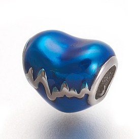 Placage ionique (ip) 304 billes européennes en acier inoxydable, avec l'émail, Perles avec un grand trou   , battement de coeur
