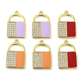 Brass Micro Pave Clear Cubic Zirconia Pendants, with Enamel, Real 18K Gold Plated, Lock Charm
