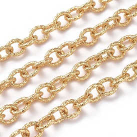 Brass Textured Cable Chains, Soldered, with Spool, Oval, Long-Lasting Plated, Real 18K Gold Plated