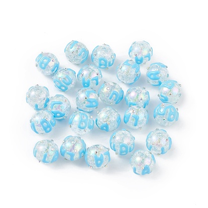 Perles en émail acrylique craquelé irisé arc-en-ciel, avec strass, cahoteuse, ronde avec le mot