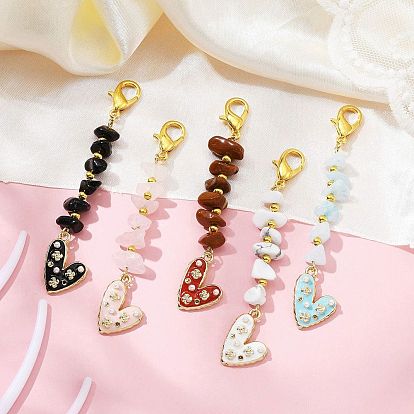 Heart Alloy Enamel Pendant Decorations, Natural & Synthetic Gemstone Chips and Alloy Lobster Claw Clasps Charms