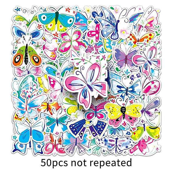 50Pcs Butterfly PVC Waterproof Stickers, Adhesive Insect Decals, for Suitcase & Skateboard & Refigerator Decor
