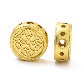 Rack Plating Brass Beads, Long-Lasting Plated, Lead Free & Cadmium Free, Flat Round with Flower