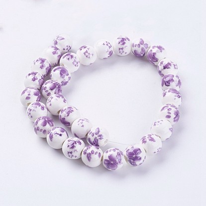 Handmade Flower Printed Porcelain Ceramic Beads Strands, Round