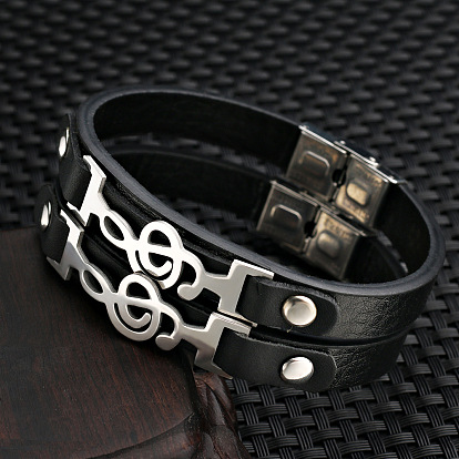 304 Stainless Steel Musical Note Link Bracelet, Leather Cord Wristband for Men Women