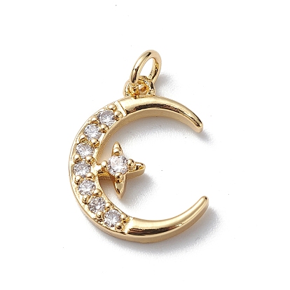Brass Micro Pave Cubic Zirconia Pendants, Cadmium Free & Lead Free, Real 18K Gold Plated, Long-Lasting Plated, with Jump Ring, Crescent Moon with Star Charm