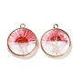 Transparent Clear Epoxy Resin Pendants, with Edge Golden Plated Brass Loops, Flat Round Charms with Inner Flower