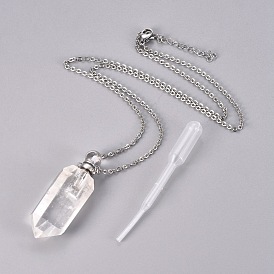 Colliers pendants de bouteille de parfum en cristal de quartz naturel, avec chaîne en acier inoxydable et compte-gouttes en plastique, balle