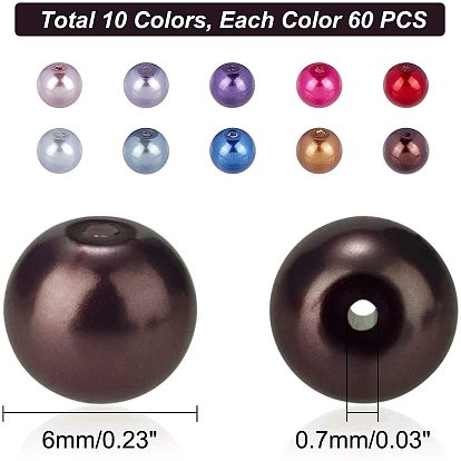 10 Colors Eco-Friendly Pearlized Round Glass Pearl Beads, Dyed, 6mm, Hole: 1.2~1.5mm, about 60pcs/compartment, 600pcs/box