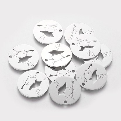 201 Stainless Steel Pendants, Flat Round with Owl