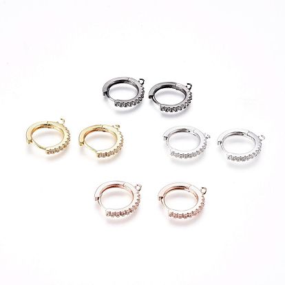 Brass Micro Pave Cubic Zirconia Huggie Hoop Earring Findings, with Horizontal Loops, Ring