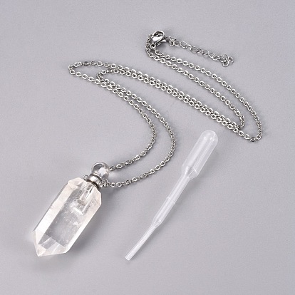 Natural Quartz Crystal Openable Perfume Bottle Pendant Necklaces, with Stainless Steel Cable Chain and Plastic Dropper, Bullet