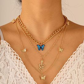 Vintage Multi-layered Gold Butterfly & Snake Necklace Set in Blue (3 Pieces)