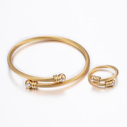 Trendy 304 Stainless Steel Torque Bangles & Rings Sets, with Rhinestone