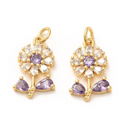 Brass Micro Pave Lilac Cubic Zirconia Pendants, Long-Lasting Plated, Flower