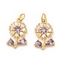 Brass Micro Pave Lilac Cubic Zirconia Pendants, Long-Lasting Plated, Flower