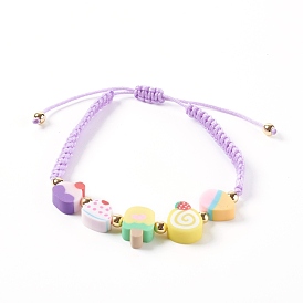 Pulseras de cuentas trenzadas de hilo de nylon ajustable, con cuentas de postre de arcilla polimérica y cuentas de latón, dorado