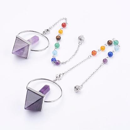 Chakra Gemstone Pyramid Dowsing Pendulums, with Brass Chain & Lobster Claw Clasps
