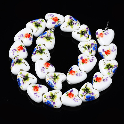 Handmade Porcelain Ceramic Beads Strands, Flower Printed, Heart