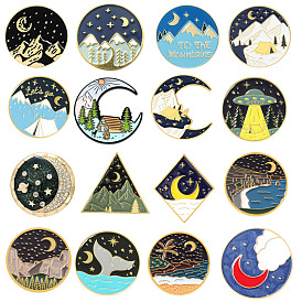 Starry Night Landscape Enamel Pin Set with Mountains, Rivers and Oceans - Alloy Badge Accessory
