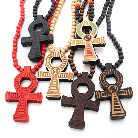 Wood Ankh Cross Pendant Necklace with Round Beaded for Men Women