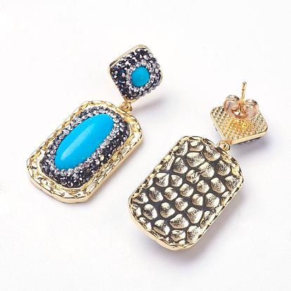 Dyed Synthetic Turquoise Dangle Stud Earrings, with Glass Rhinestone and Brass Findings, Real 18K Gold Plated, Long-Lasting Plated, Rectangle and Rhombus