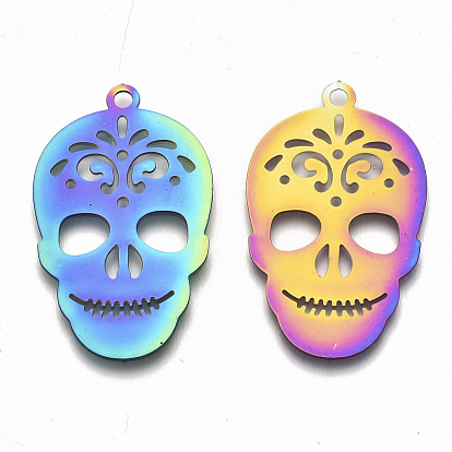 Ion Plating(IP) 201 Stainless Steel Pendants, Etched Metal Embellishments, Sugar Skull, For Mexico Holiday Day of The Dead