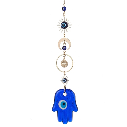 Hamsa Hand/Heart/Flat Round with Evil Eye Lampwork Pendant Decorations, with Brass Star/Moon Link, Hanging Ornaments