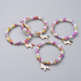 Acrylic & ABS Plastic Imitation Pearl Beads Stretch Bracelets, with Alloy Enamel Pendants, Unicorn, Light Gold