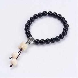 Natural Obsidian Mala Bead Bracelets, with Synthetic Coral Lotus & Elephant Beads, Tibetan Style Alloy Guru Bead, Burlap Packing Pouches Drawstring Bags