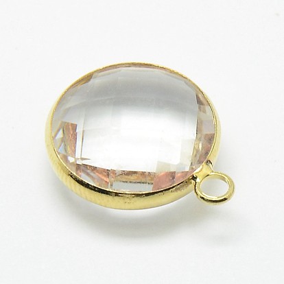 Golden Tone Brass Glass Pendants, Flat Round