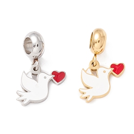 304 Stainless Steel European Dangle Charms, Large Hole Pendants, with Enamel, Bird with Heart