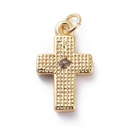 Cubic Zirconia Tiny Cross Charms, with Brass Findings and Enamel, Golden