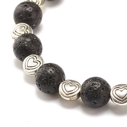 Bracelet extensible rond en pierre de lave naturelle et perles en alliage de coeur, Diffuseur d'huile bijoux en pierre de puissance pour les femmes