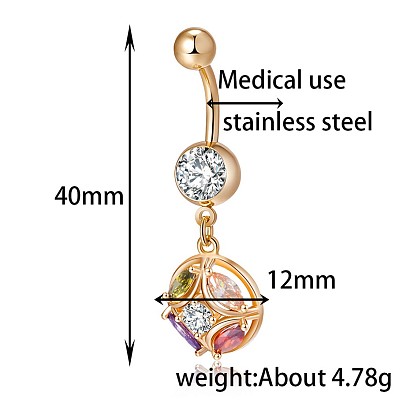 Piercing Jewelry, Brass Cubic Zirconia Navel Ring, Belly Rings, with Surgical Stainless Steel Bar, Cadmium Free & Lead Free, Round
