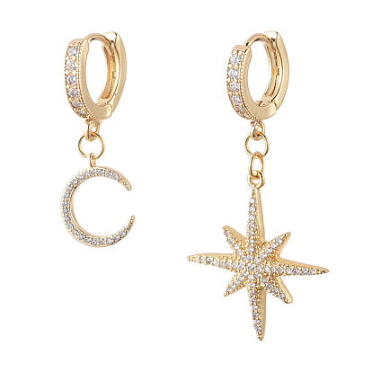 Boucles d'oreilles créoles asymétriques étoiles et lune, avec breloques en laiton et zircone cubique, créoles et boîte à bijoux