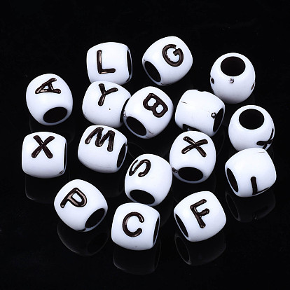 Perles européennes acryliques opaques, Perles avec un grand trou   , tonneau avec alphabet