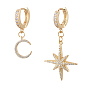 Star and Moon Asymmetrical Dangle Hoop Earrings, with Brass Cubic Zirconia Charms & Earring Hoops and Jewelry Box