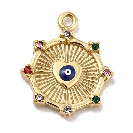 Ion Plating(IP)304 Stainless Steel Pendant, with Colorful Rhinestone and Enamel, Sun with Heart Evil Eye