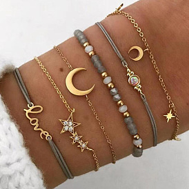 Starry Night Sky Charm Bracelet Set with Grey Beads - 6 Piece Moon and Star Personalized Jewelry Collection