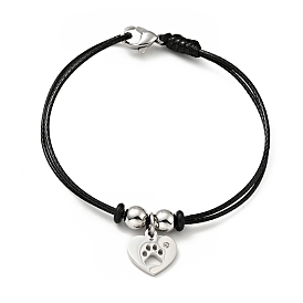 304 Stainless Steel Heart with Paw Print Charm Bracelet with Waxed Cord for Women