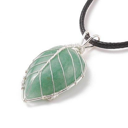 Natural Gemstone Leaf Cage Pendant Necklace with Waxed Cords for Women