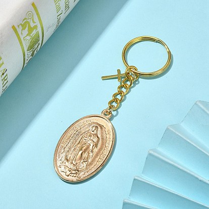 Oval with Virgin Mary Alloy Keychain, with Cross Charm Iron Split Key Rings, Religion